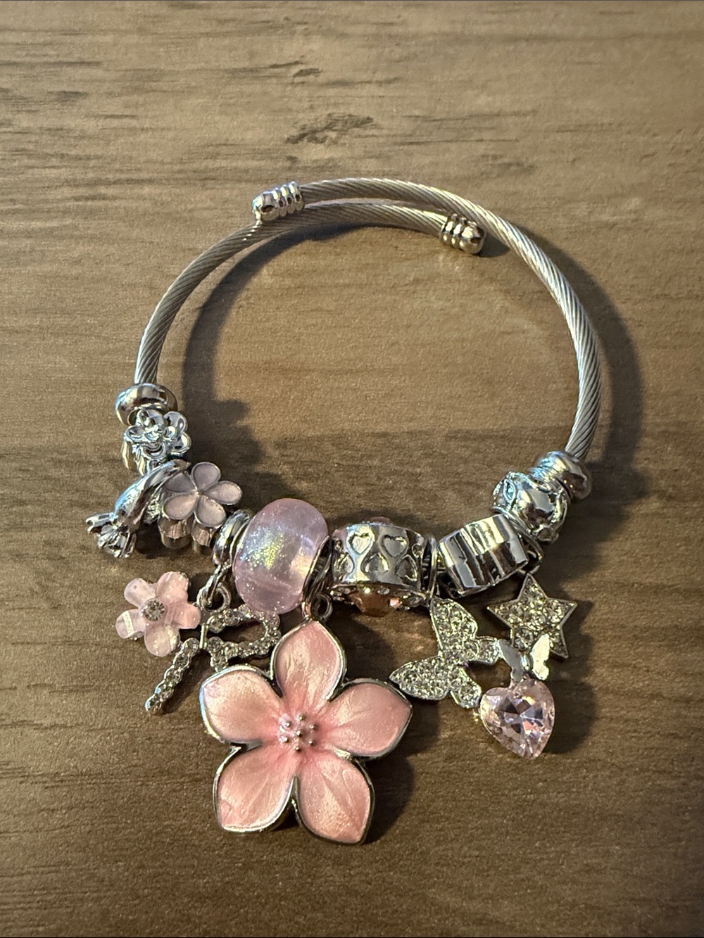 Pink Floral Butterfly Charm Bracelet  Silver-Tone Stainless Steel